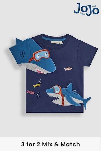 JoJo Maman Bébé Navy Blue Shark Novelty Appliqué T-Shirt (Q81626) | £17