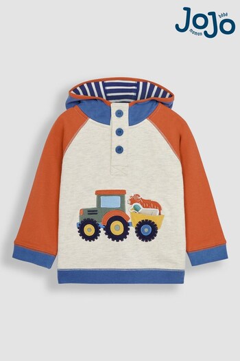 JoJo Maman Bébé Natural Tractor Appliqué Hooded Sweatshirt (Q81629) | £27