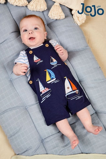 JoJo Maman Bébé Navy Blue Boat Appliqué Short Dungarees & T-Shirt Set (Q81673) | £27