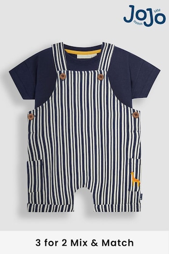 JoJo Maman Bébé Navy Blue Stripe Dungarees & T-Shirt 2-Piece Set (Q81678) | £22