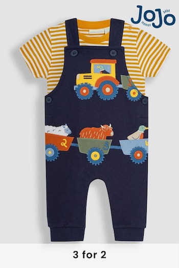 JoJo Maman Bébé Navy Blue Tractor Appliqué Trouser Dungarees & T-Shirt Set (Q81686) | £27
