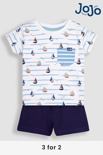 JoJo Maman Bébé White Boat Printed T-Shirt & Shorts Set (Q81694) | £26