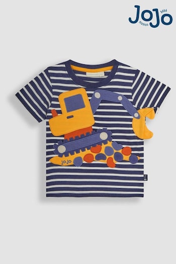 JoJo Maman Bébé Navy Ecru Stripe Digger Novelty Appliqué T-Shirt (Q81708) | £17