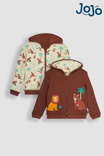 JoJo Maman Bébé Brown Safari Animals Applique Reversible Hoodie (Q81712) | £26