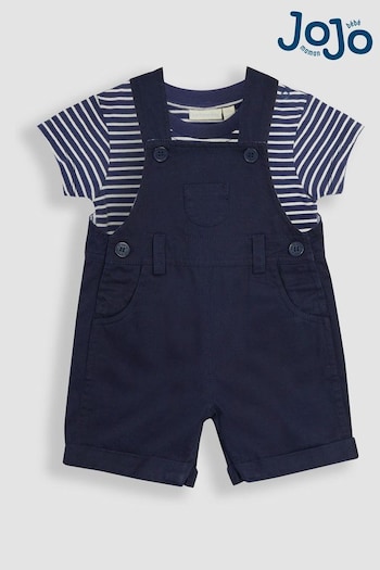 JoJo Maman Bébé Navy 2-Piece Twill Dungarees & Stripe T-Shirt Set (Q81718) | £29.50