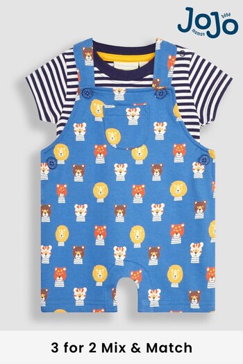 JoJo Maman Bébé Denim 2-Piece Safari Cats Dungarees & Stripe T-Shirt Set (Q81745) | £26