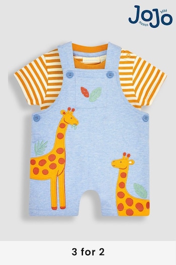 JoJo Maman Bébé Blue Giraffe Appliqué Short Dungarees & T-Shirt Set (Q81750) | £27