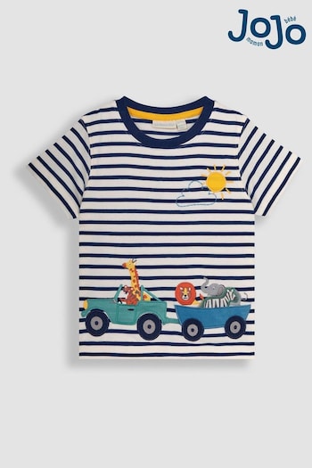 JoJo Maman Bébé Ecru Navy Stripe Safari Animals Appliqué Border T-Shirt (Q81753) | £17