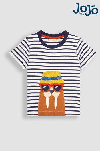JoJo Maman Bébé White Navy Stripe Walrus Applique T-Shirt (Q81756) | £17