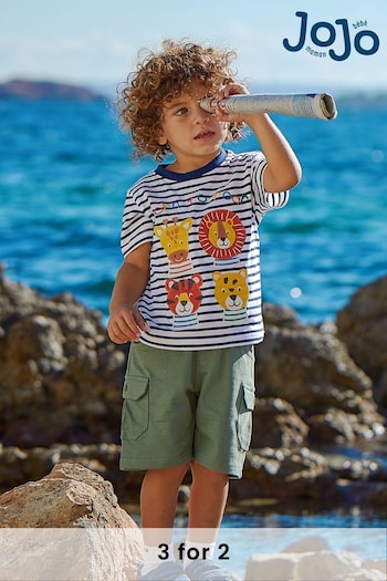 JoJo Maman Bébé White Navy Stripe Safari Animal Appliqué Motif T-Shirt (Q81764) | £17