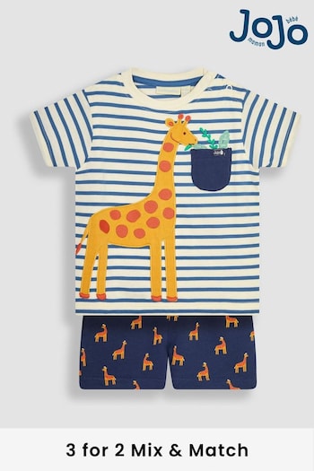 JoJo Maman Bébé Ecru Navy Stripe Giraffe Appliqué T-Shirt & Shorts Set (Q81776) | £27