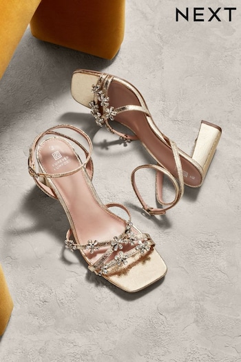 Gold Forever Comfort® Jewel Flowers Block Heel Sandals ankle (Q81803) | £38