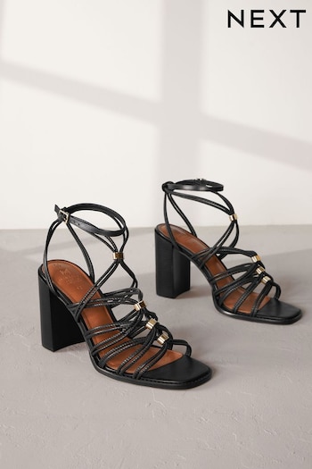Black Signature Leather Hardware Detail Block Heel trim Sandals (Q81812) | £75