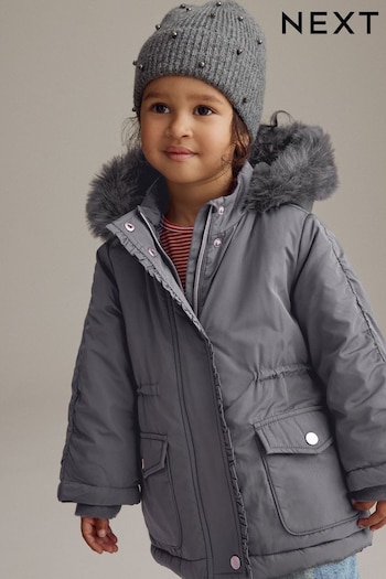 Charcoal Grey Shower Resistant Frill Pocket Parka Coat (3mths-7yrs) (Q81816) | £29 - £33