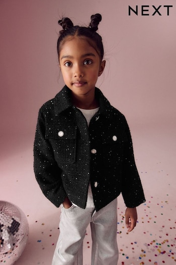 Black Crop Sparkle Coat with Wool (3-16yrs) (Q81935) | £32 - £42