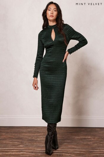 Mint Velvet Green Satin Shirred Dress (Q81986) | £119