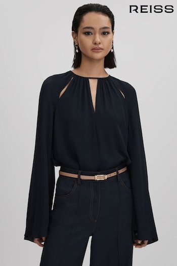 Reiss Navy Gracie Cut-Out Flute Sleeve Blouse (Q82022) | £128
