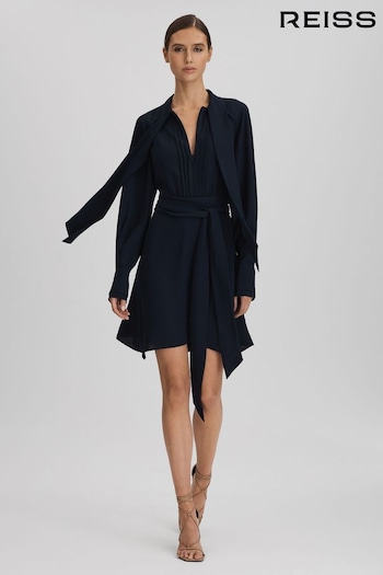 Reiss Navy Ellie Tie Neck Zip Front Mini Dress (Q82024) | £198