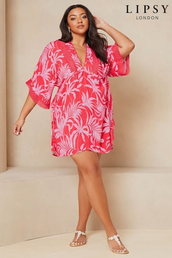 Lipsy Pink Lace Trim Curve Printed V Neck Cover Up (Q82053) | £42