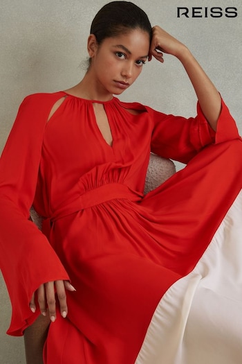 Reiss Red/Cream Luella Colourblock Fit-and-Flare Midi Dress (Q82056) | £198