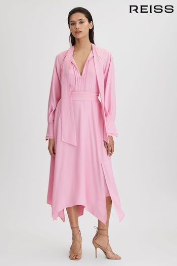 Reiss Pink Erica Tie Neck Zip Front Midi Dress (Q82062) | £248