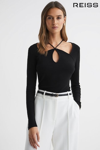 Reiss Black Sylvie Jersey Cut-Out Strappy Top (Q82065) | £98