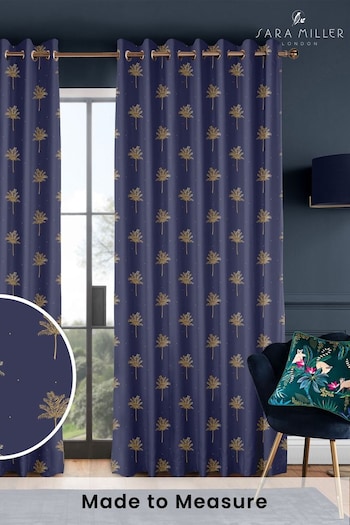 Sara Miller Navy Blue Small Palm Made to Measure Curtains (Q82201) | £91