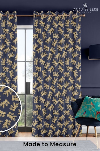 Sara Miller Deep Navy Blue Etched Leaves Made to Measure Curtains (Q82216) | £91