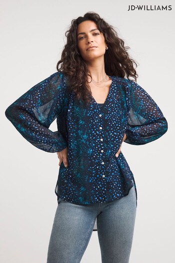 JD Williams Blue Animal Print Dipped Back Long Sleeved Blouse (Q82372) | £30