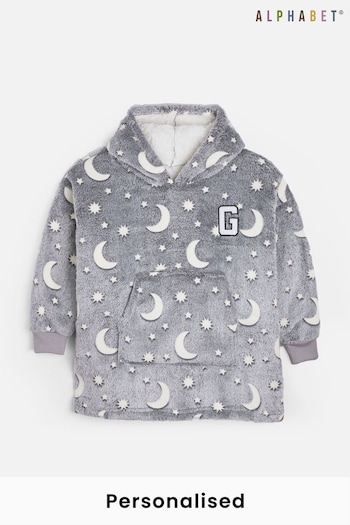 Alphabet Oversized Kids Grey Personalised Glow In The Dark Hooded Blanket (Q82470) | £35