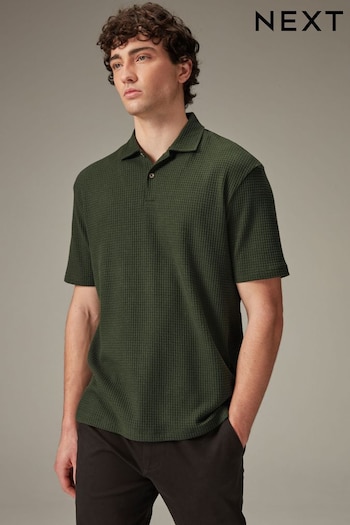 Olive Green Textured Waffle Polo Shirt (Q82583) | £24