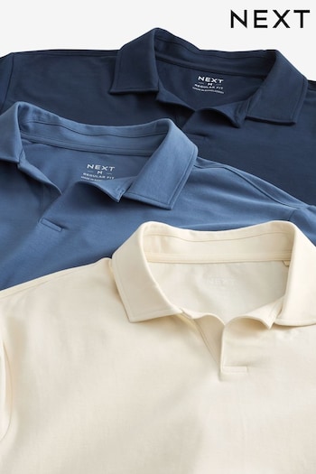 Blue/Navy/Ecru Cuban Collar Jersey Polo beige Shirts 3 Pack (Q82587) | £40