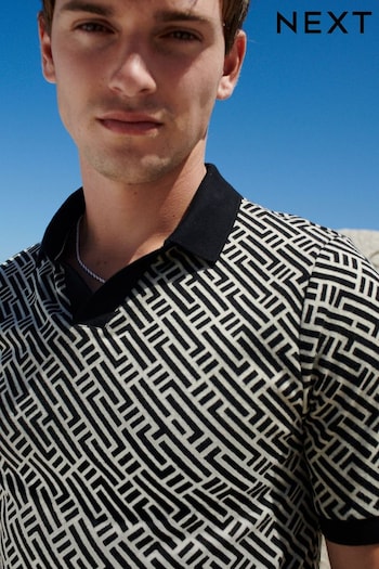 Black/White Cuban Collar Pattern Polo Shirt (Q82620) | £28