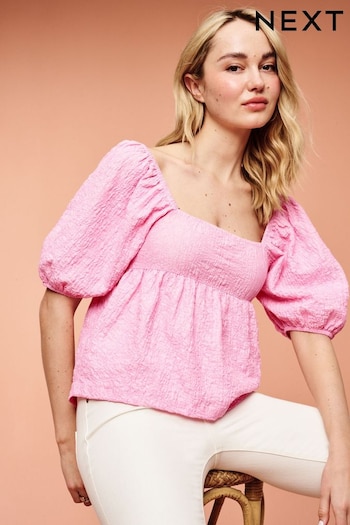 Pink Textured Puff Sleeve Square Neck Top (Q82654) | £38