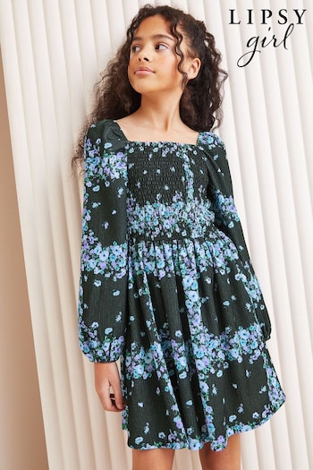 Lipsy Black/Blue Floral Crinkle Jersey Square Neck Dress (Q82804) | £28 - £36