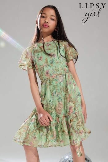 Lipsy Green Floral Sparkle Shift Occasion Dress (2-16yrs) (Q82813) | £32 - £42