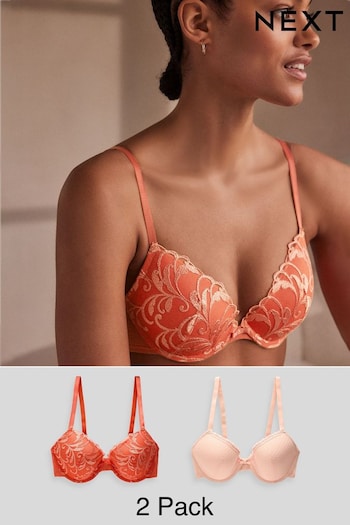 Rust Orange/Pink Pad Plunge Embroidered Bras 2 Pack (Q82819) | £25