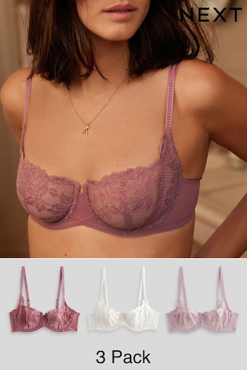 Mauve Purple/Cream/Rose Pink Non Pad Balcony Lace Bras 3 Pack (Q82820) | £36