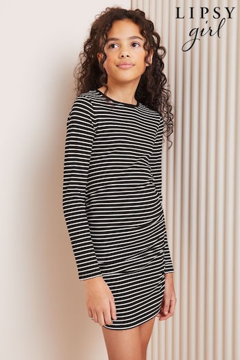 Lipsy Black/ White Stripe Teen Crinkle Ruched Bodycon Dress (9-16yrs) (Q82828) | £30 - £36