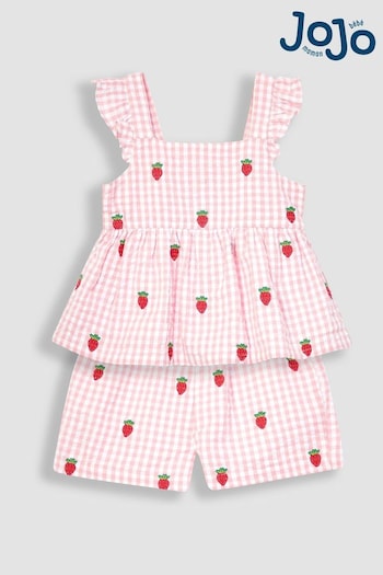 JoJo Maman Bébé Pink 2-Piece Strawberry Seersucker Blouse & Shorts Set (Q82901) | £29.50
