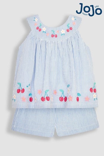 JoJo Maman Bébé Blue 2-Piece Cherry Embroidered Seersucker Blouse & Shorts Barocco-printed Set (Q82915) | £29.50