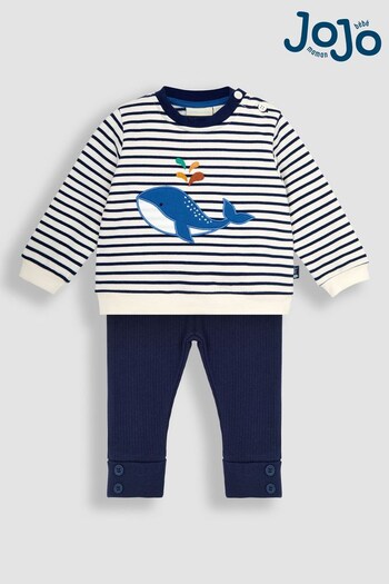 JoJo Maman Bébé Ecru Navy Stripe 2-Piece Whale Applique Sweatshirt & PatBO Leggings Set (Q82918) | £28