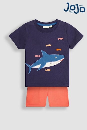 JoJo Maman Bébé Navy Blue Shark Appliqué T-Shirt & Shorts Set (Q82928) | £27