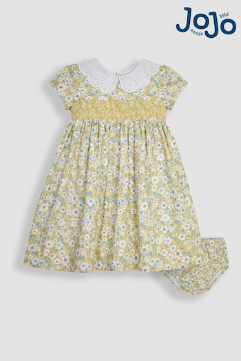 JoJo Maman Bébé Yellow Hedgerow Floral Broderie Collar Party Dress Detail (Q82930) | £38
