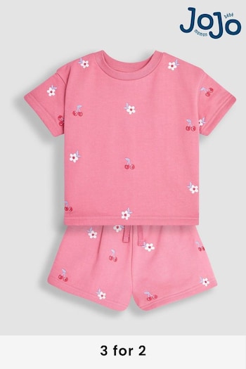 JoJo Maman Bébé Pink 2-Piece Cherry Embroidered T-Shirt & Shorts Set (Q82934) | £26