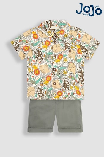 JoJo Maman Bébé Khaki Green Jungle Animals Printed Shirt & Shorts Set (Q82968) | £29.50