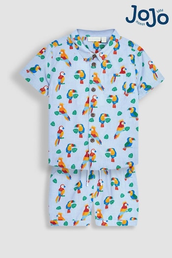 JoJo Maman Bébé Blue Tropical Bird Printed Shirt & Shorts Set (Q82969) | £22
