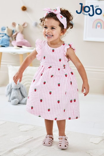 JoJo Maman Bébé Pink Strawberry Embroidered Gingham Pretty Summer Dress (Q82972) | £25