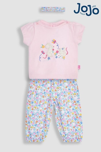 JoJo Maman Bébé Pink 3-Piece Mouse Crinkle Cotton Top & Trousers Set (Q82990) | £27