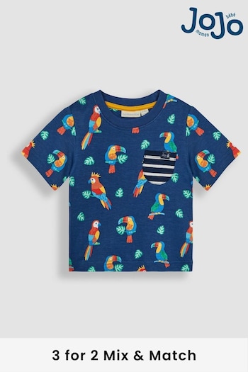 JoJo Maman Bébé Navy Blue Tropical Birds Contrast Pocket T-Shirt (Q83021) | £14